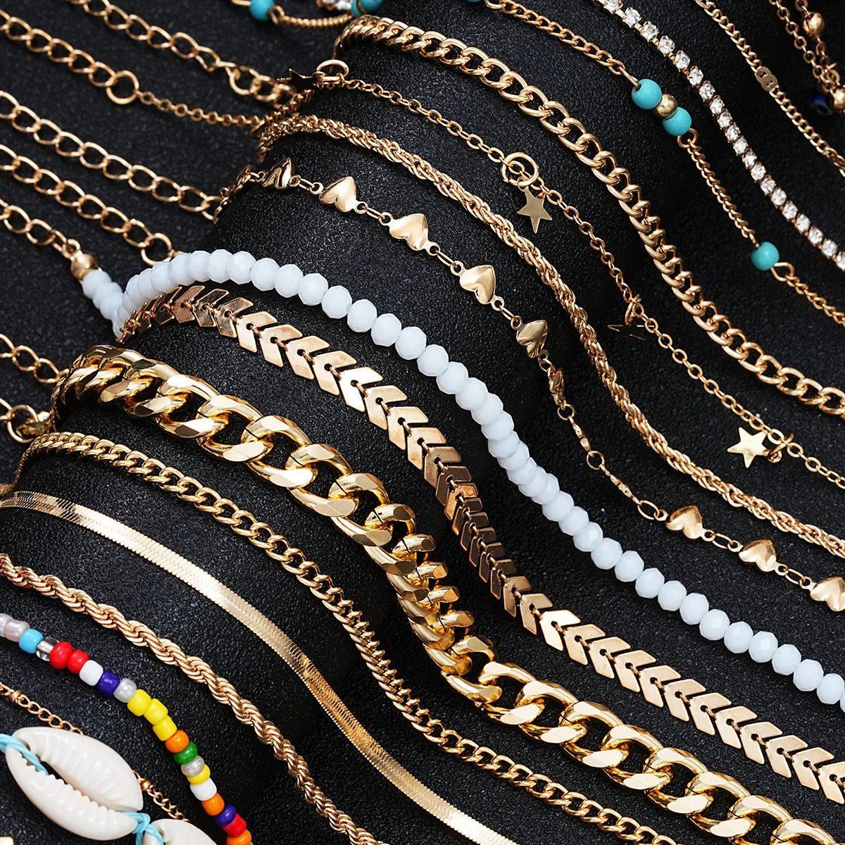 Fashion Chic Multi-Design Anklet Set For Women Elegant Vintage Evil Eye Cross Heart Charm Colorful Bead Anklets Beach Jewelry