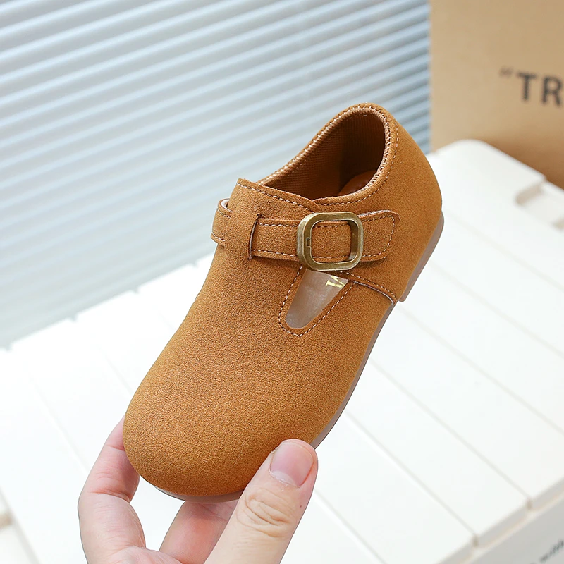Fashion Children T-starp Fur Leather Shoes Korean Kids Unisex Casual Shoes Toddler Girls Boy Buckle Moccasin Autumn Spring