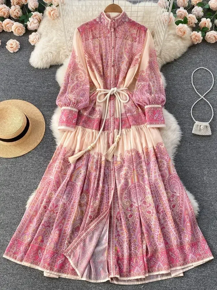 

New Autumn Holiday Pink Maxi Dress Women Clothing Turleneck Long Lantern Sleeve Flower Retro Print Belted Chiffon Loose Vestidos