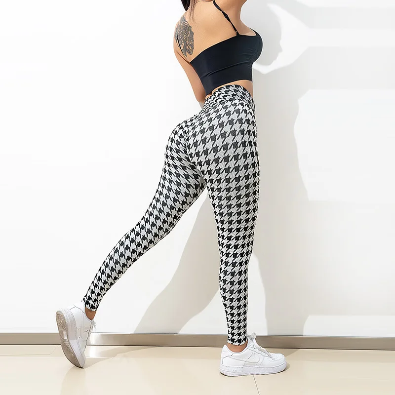 

Women Pants Sexy Stylish High-Waist Black & White Grid Yoga Leggings Sculpting Curves Boosting Running & Fitness Performance