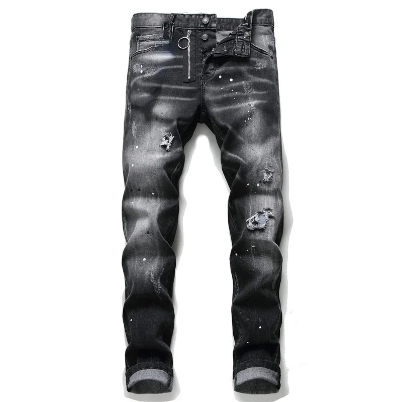 Mens Street Fashion Slim Fit Ripped Black Jeans  Quality Men Luxury Brand Blue Denim Pants Men Stretch Skinny Jeans Size 44-54 2