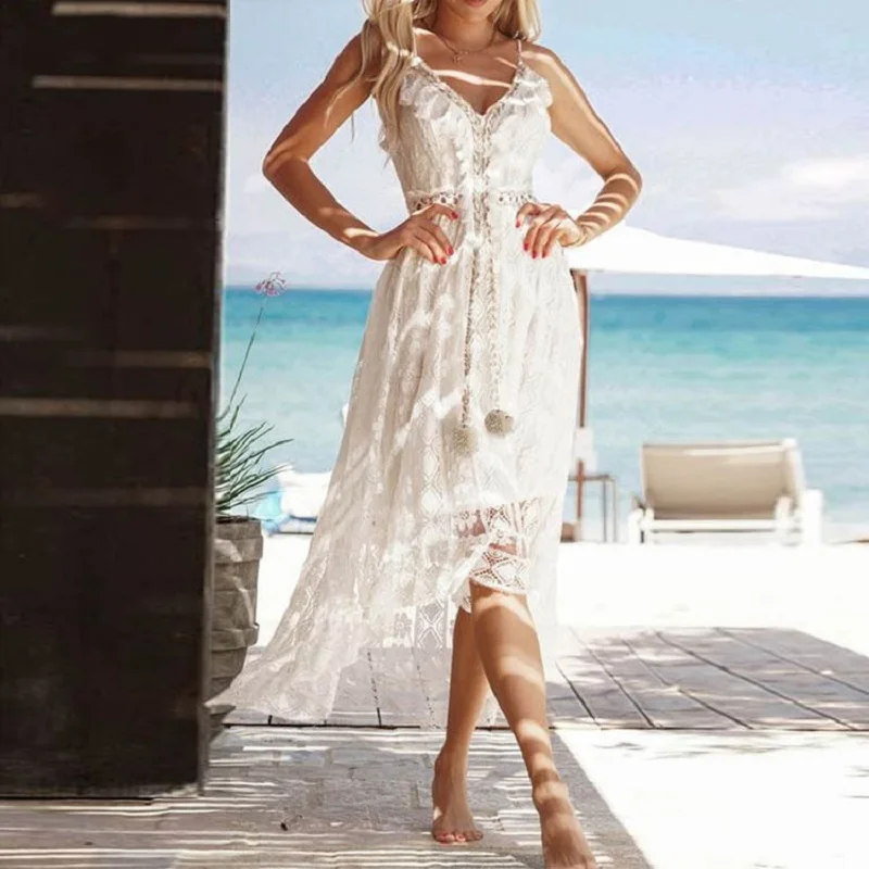 

Wepbel Summer Sexy Dress Women Strap Lace White Holiday Beach V-neck Dress Solid Color Spaghetti Strap Camis Long Maxi Dress