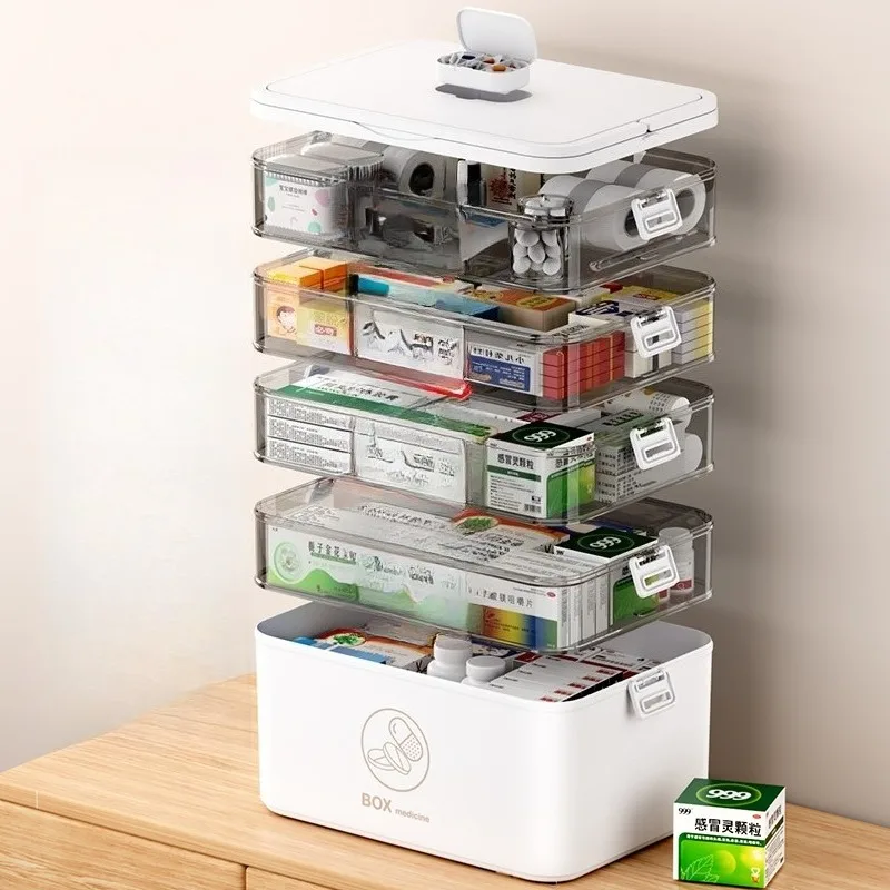 Portable Home Office Cabinet with 4-layer Medicine Storage Box Cover and Handle, Pill Bottle, Emergency Sewing Art Craft