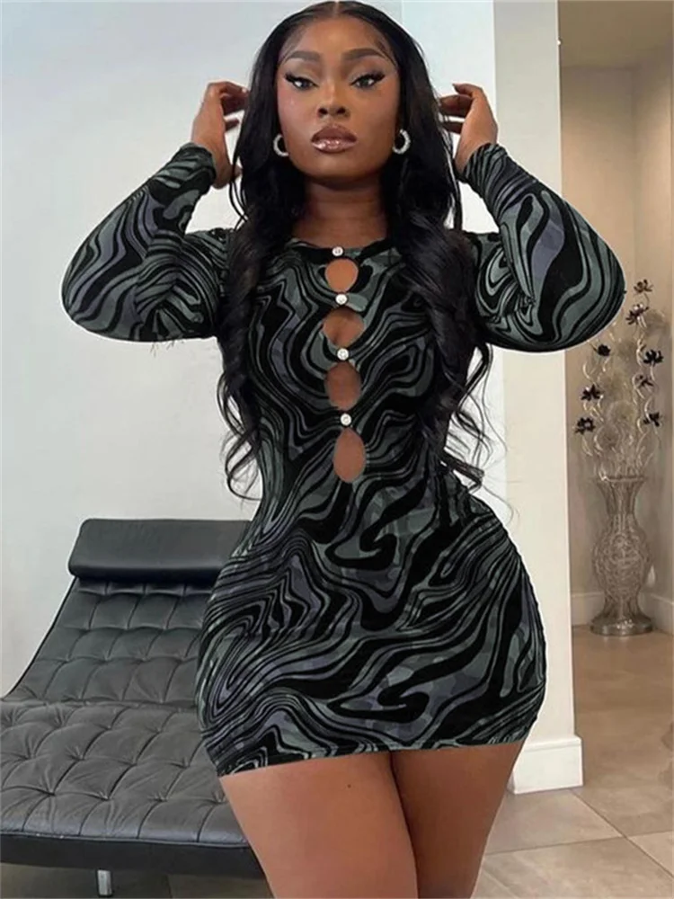 

WJFZQM Cut Out Sexy Bodycon Skinny Mini Prom Dress O Neck Long Sleeves Women Evening Print Party Club Y2K Clothes 2022 Autumn