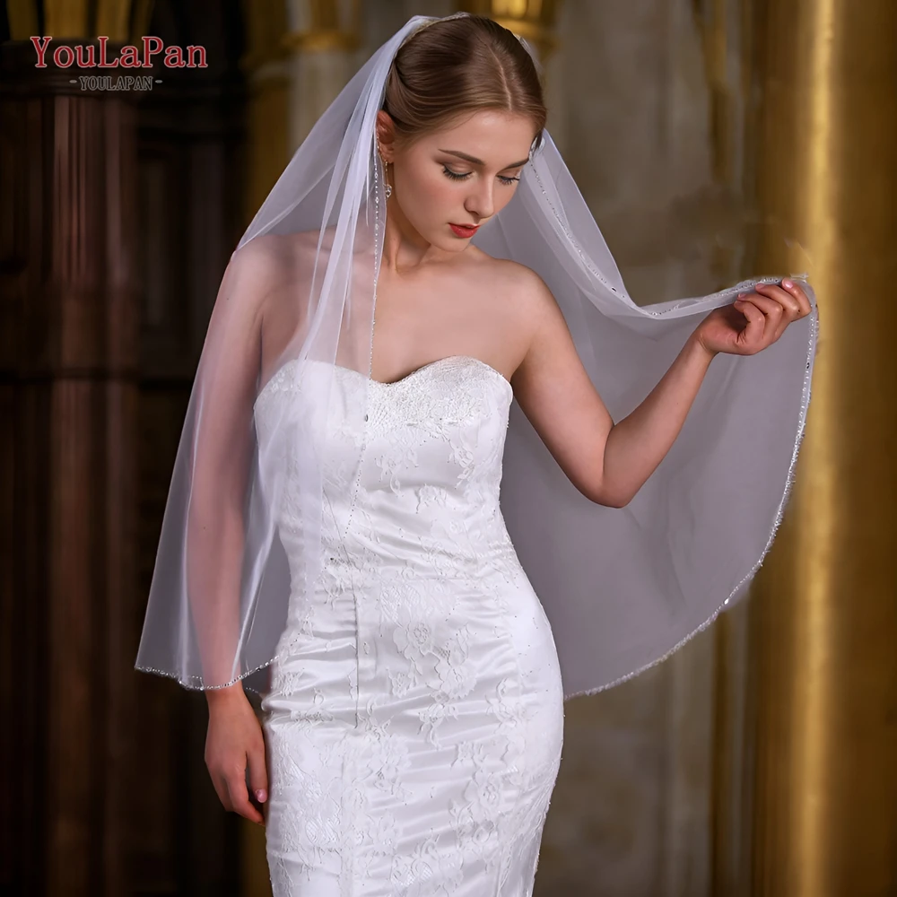 YouLaPan V31 Wedding Veil with Crystal Edge Bridal Veils Wedding Crystal Organza Beaded Sparkly Veil Short with Comb bridal veil