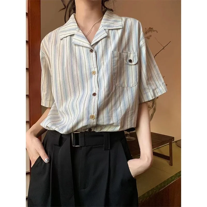 XEJ Elegant Women Blouses Women's Summer Tops 2023Striped Cuban Neck Short Sleeved Shirt for Women's Summer French Casual Shirt cuban missile crisis pc