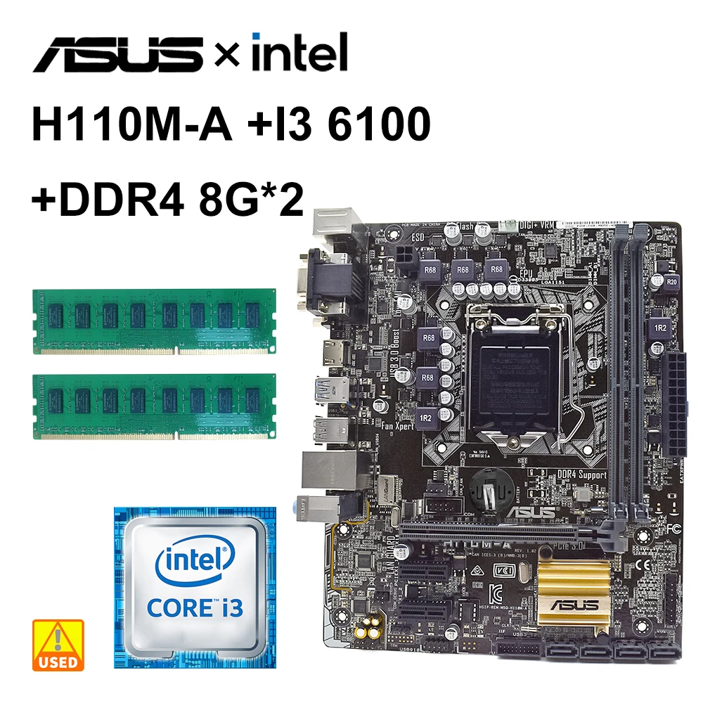 

1151 Motherboards kit ASUS H110M-A with Core i3-6100+DDR4 8G*2 Intel H110 Motherboard PCI-E 3.0 USB3.0 4×SATA III HDMI Micro ATX