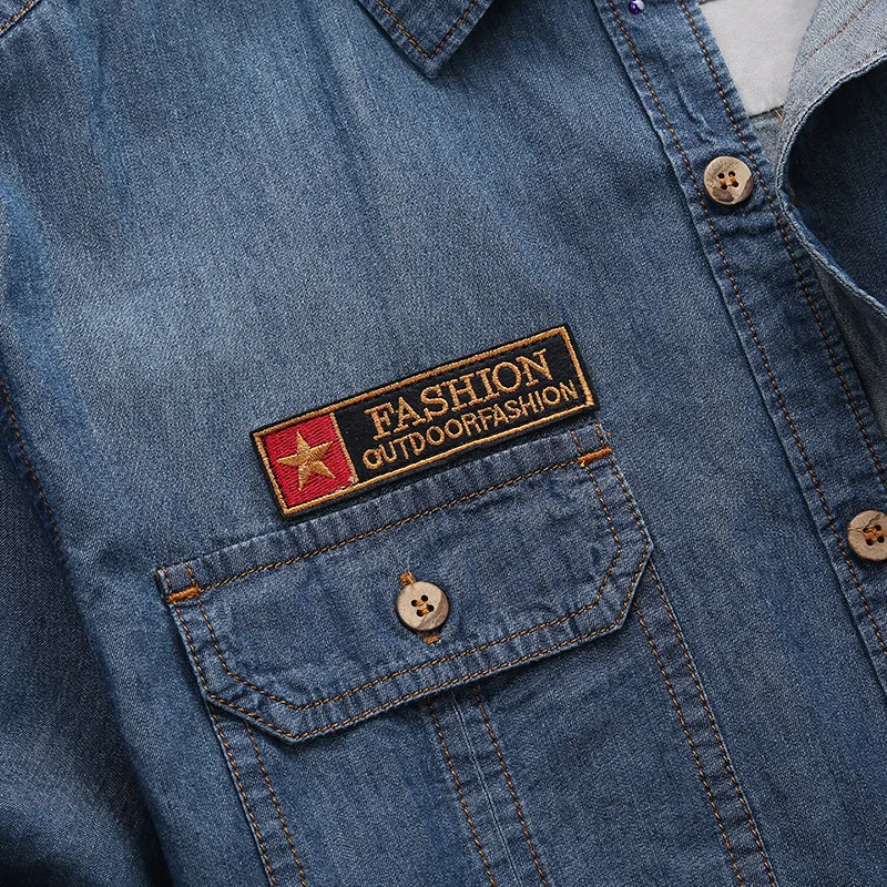 Men Multi pockets Blue Denim Shirts Summer Male Short Sleeve Tooling Shirts Men Cotton Casual Jeans 4XL