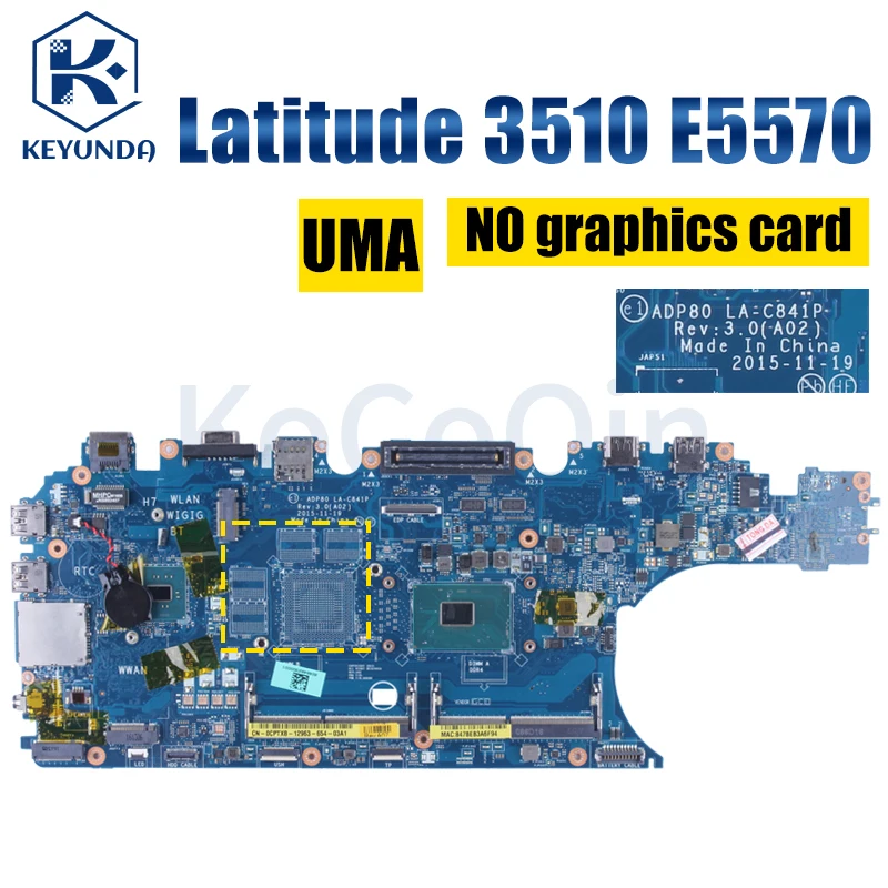 Latitude Laptop Motherboard Notebook Mainboard La-c841p 09mtyr 0n98y6 0cc27g 00d152 0xj3xm 0cptx8 e3 i5 i7 6ª Geração 3510 - Imagem 3