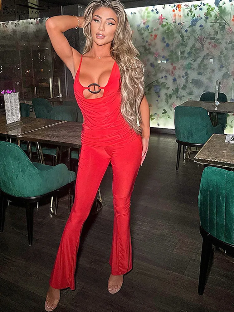 

Bonnie Forest Fashion Metal Rings Draped Long Pants Jumpsuit Night Out Overalls Wide Legs Fitted Rompers Clubwear Rave Outfits