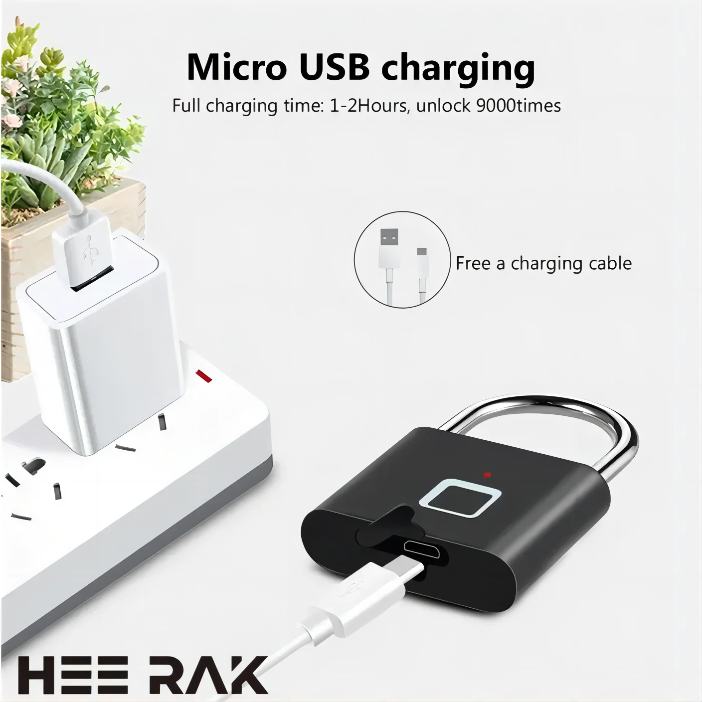 HEE RAK 키리스 USB 충전 지문 잠금 스마트 자물쇠, 방수 문짝 자물쇠, 0.2 초 잠금 해제, 휴대용 도난 방지 자물쇠, 아연