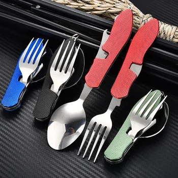 Outdoor Pocket Folding Knife Fork Spoon Set 4 In 1 Portable Multi-function Tableware  Spoon Fork Knife Opener Stainless Steel 2