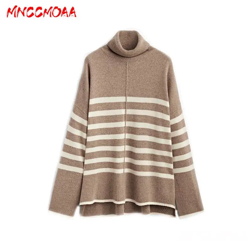 

MNCCMOAA 2024 Autumn Winter Women Fashion Loose Striped Turtleneck Knitted Sweater Female Casual Long Sleeve Tops Pullovers