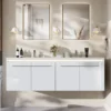 60"LED Floating Bathroom Double Vanity with Sink Combo, Modern High Gloss Wall Mounted Bathroom Storage Cabinet with 3 Hole Sink 1