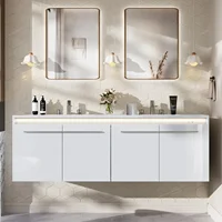 60"LED Floating Bathroom Double Vanity with Sink Combo, Modern High Gloss Wall Mounted Bathroom Storage Cabinet with 3 Hole Sink 1