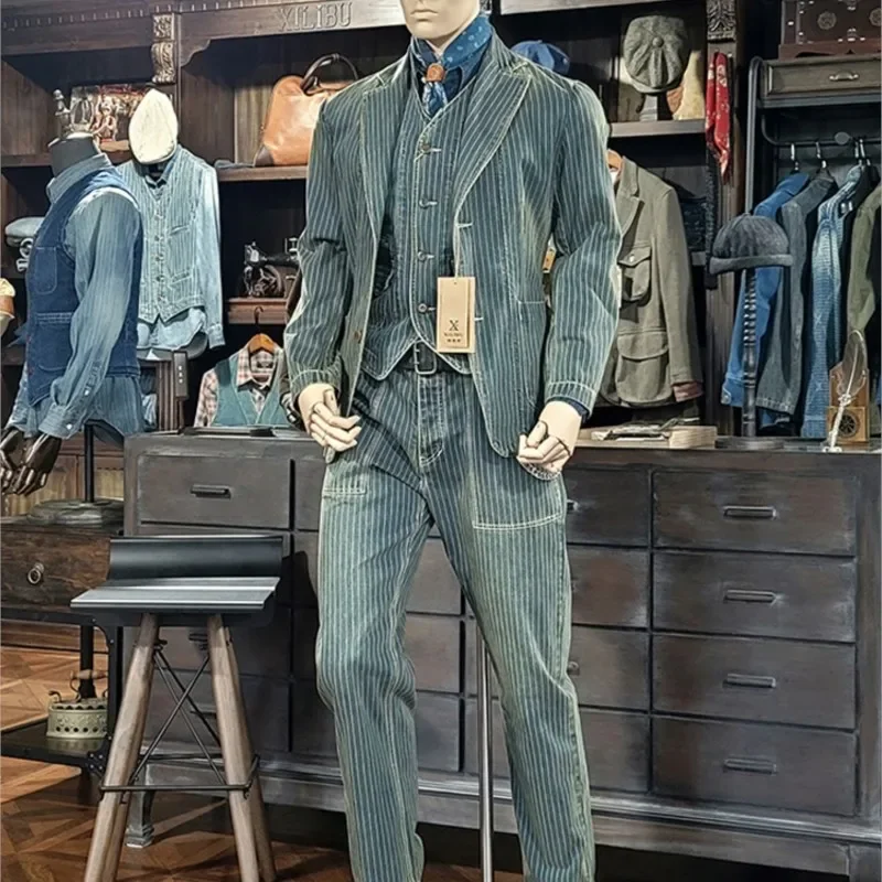 Amekaji Wear Clothes Men Cotton Striped Denim Casual Suit Jacket Retro Washed Distressed Niche Good Quality 2