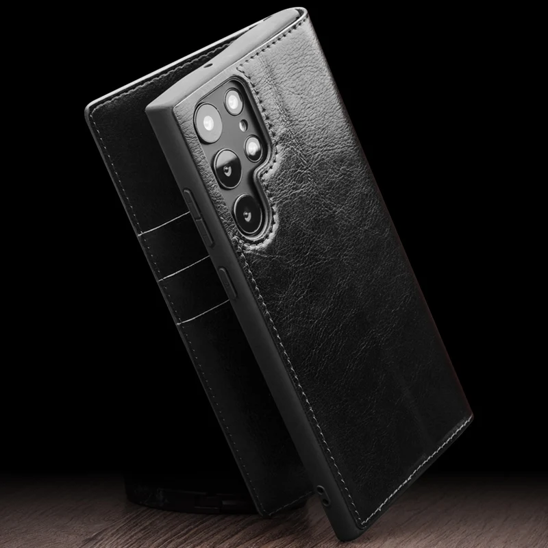Qialino Genuine Leather Phone Case For Samsung S24 S23 S22 S21+ Plus Ultra Business Style Fashion Luxury With Card Slots Cover