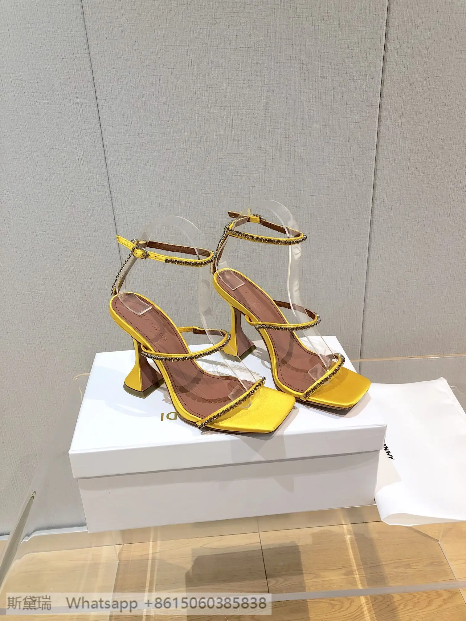 

AMINA MUADDI yellow satin crystals Gilda Glass Sandal Shoes ankle strap Square toe transparent Diamond sculpted flared heels