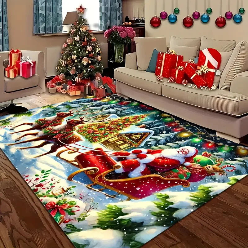 1PC Christmas Theme Sleigh Santa Claus Pattern Rug for Bedroom, Living ...