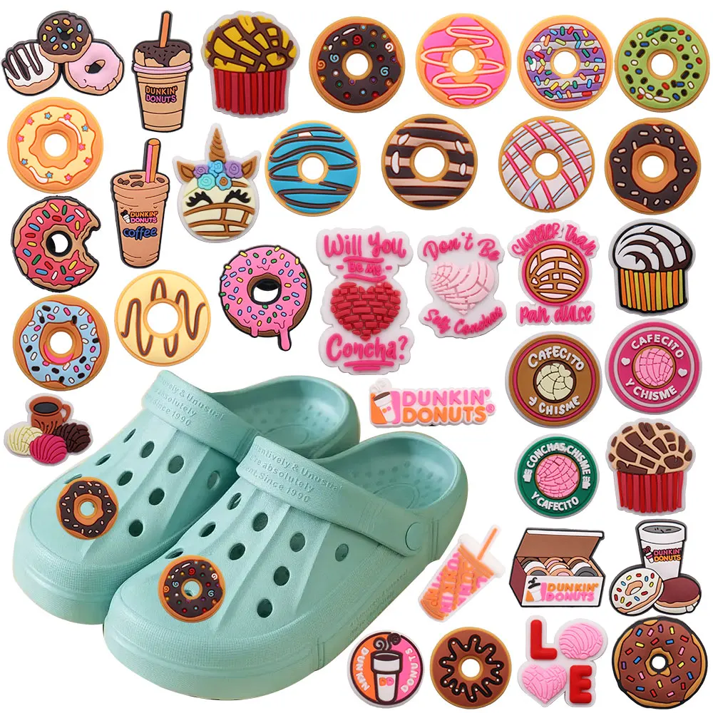 

Single Sale 1pcs PVC Shoe Charms Dessert Cake Donut Coffee Milk Slipper Accessories Garden Shoes Buckle Ornaments For Kids Gift