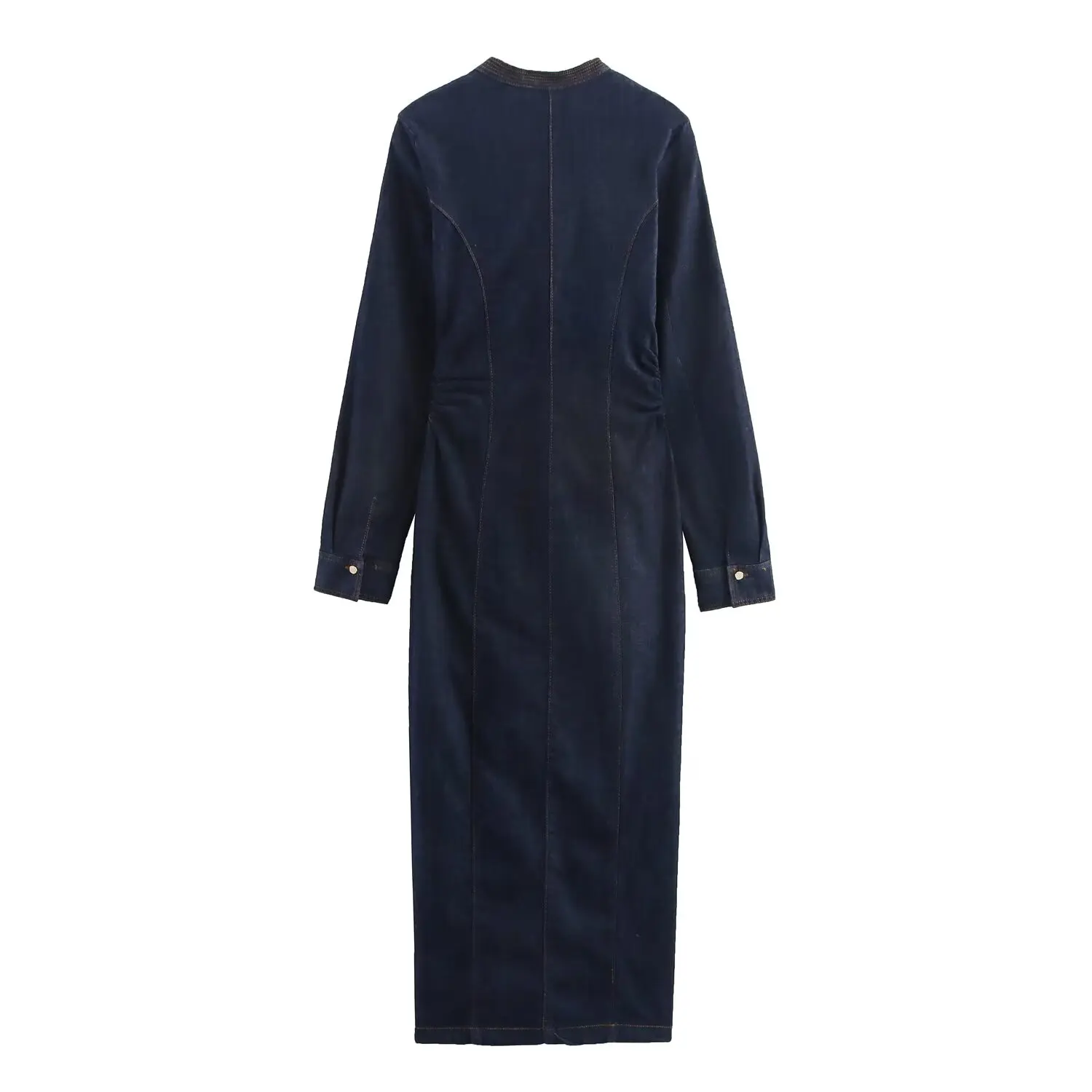 Women Elegant Denim Dress Long Sleevev-Neck Single-Breasted Dress Female Dress Pleated Design Casual Autumn Dress Streetwear
