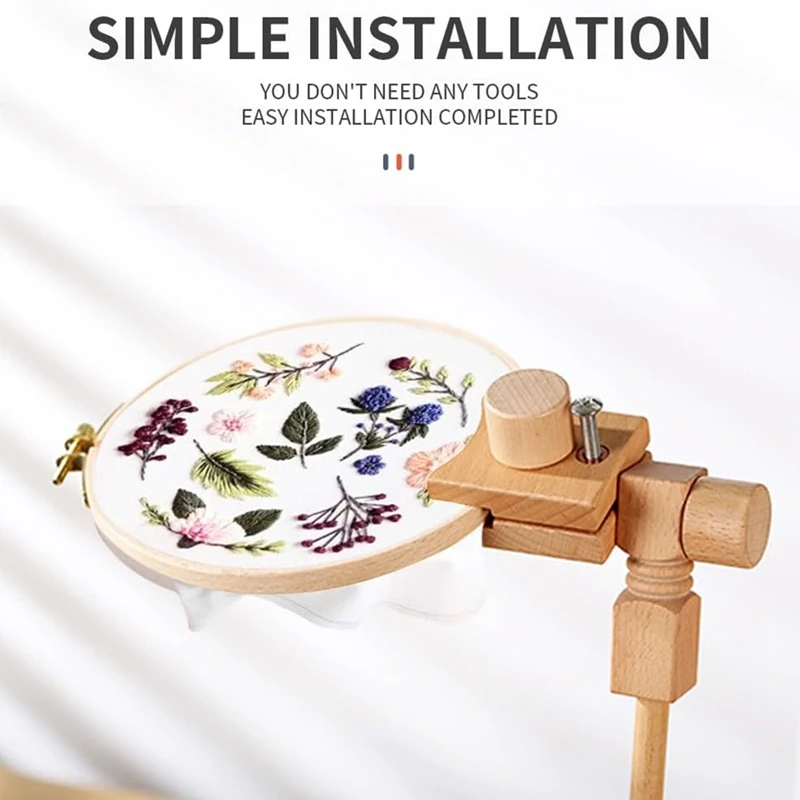 Adjustable Embroidery Hoop Stand With 2PCS 6In 7In Hoops, Solid Hand-Polished Natural Wood Holder For Sewing Projects