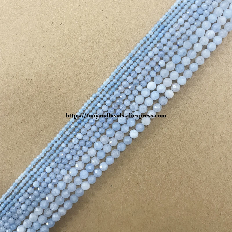 Halbedelstein 2 3 4 mm kleine Diamantschnitte facettierte blaue Aquamarin runde lose Perlen 15 Zoll Pick-Größe für Schmuckherstellung DIY