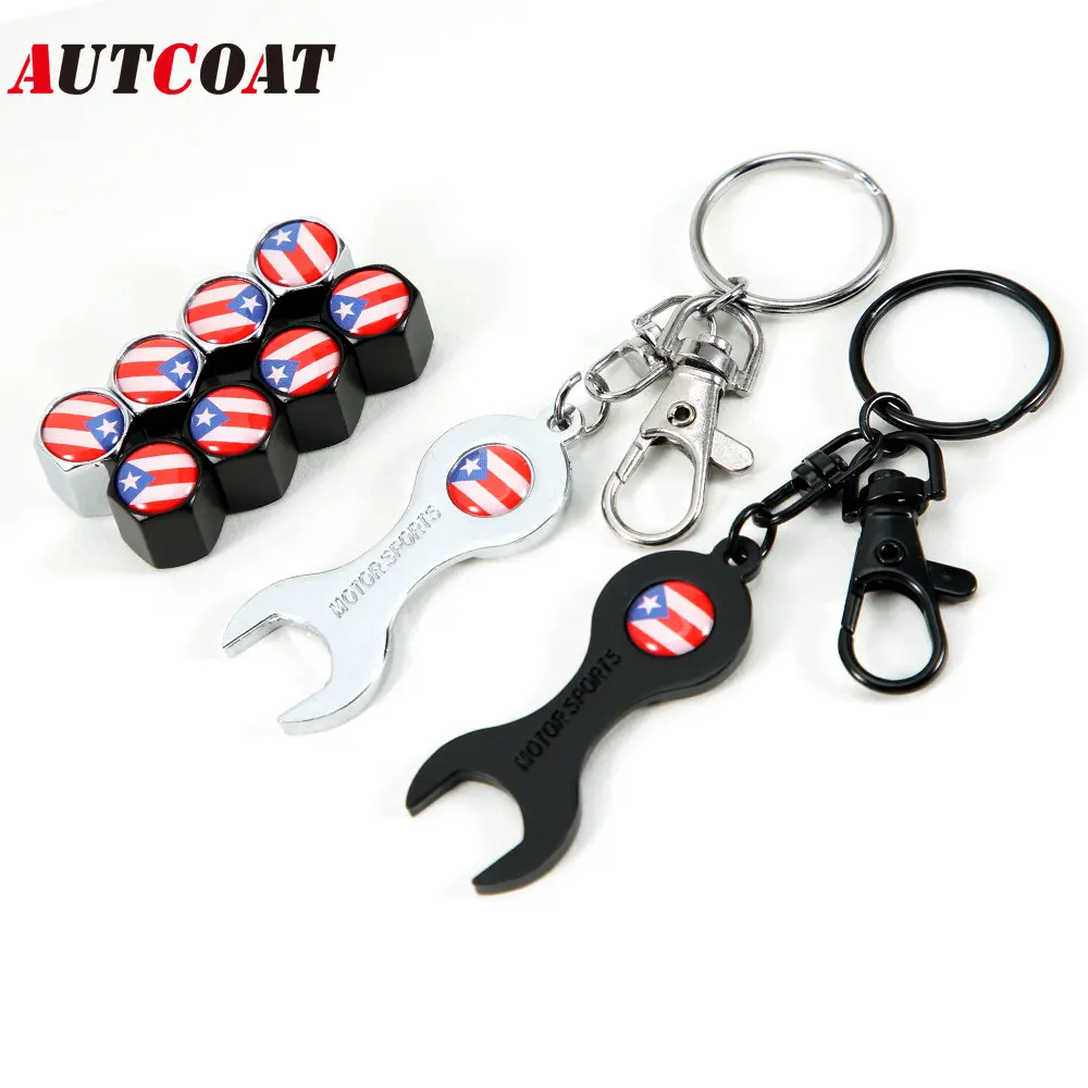 

1Set Puerto Rico Flag Style Anti-theft Emblem Auto Car Wheel Tire Air Valve Caps With Wrench Keychain Zinc Alloy Stem Dust Cover