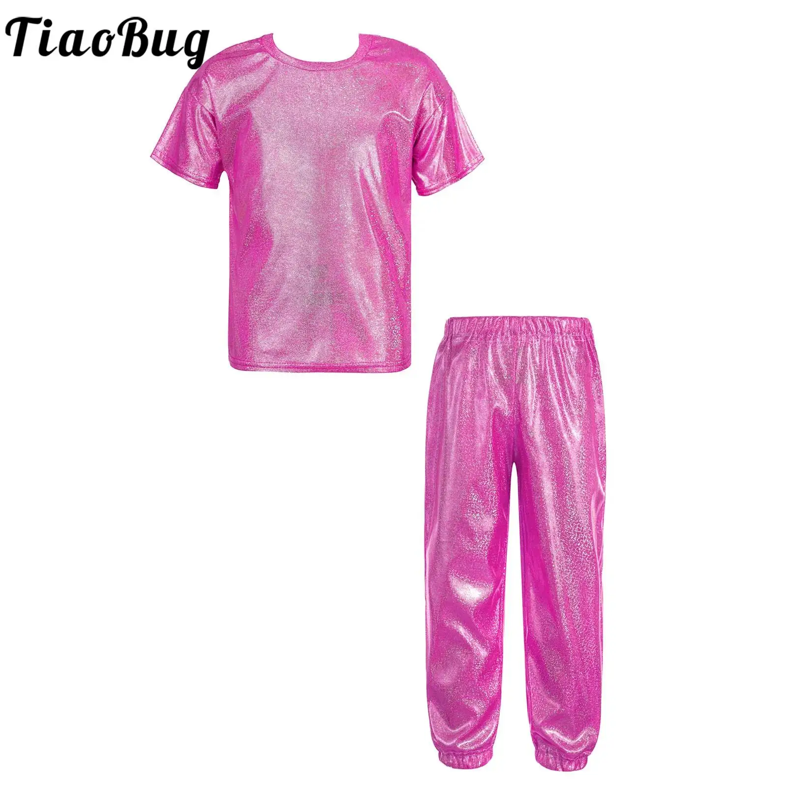 

2PCS Unisex Kids Boys Girls Jazz Dance Performance Costume Metallic Shiny Round Neck Short Sleeve T-shirt with Glittery Pants
