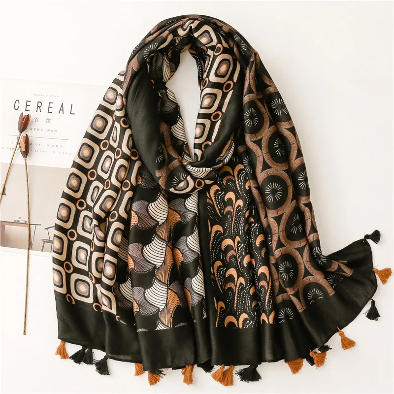 2022 Autumn Fashion Vintage Geometric Tassel Viscose Shawl Scarf High Quality Wrap Pashmina Stole Bufandas Muslim Hijab 180*90Cm