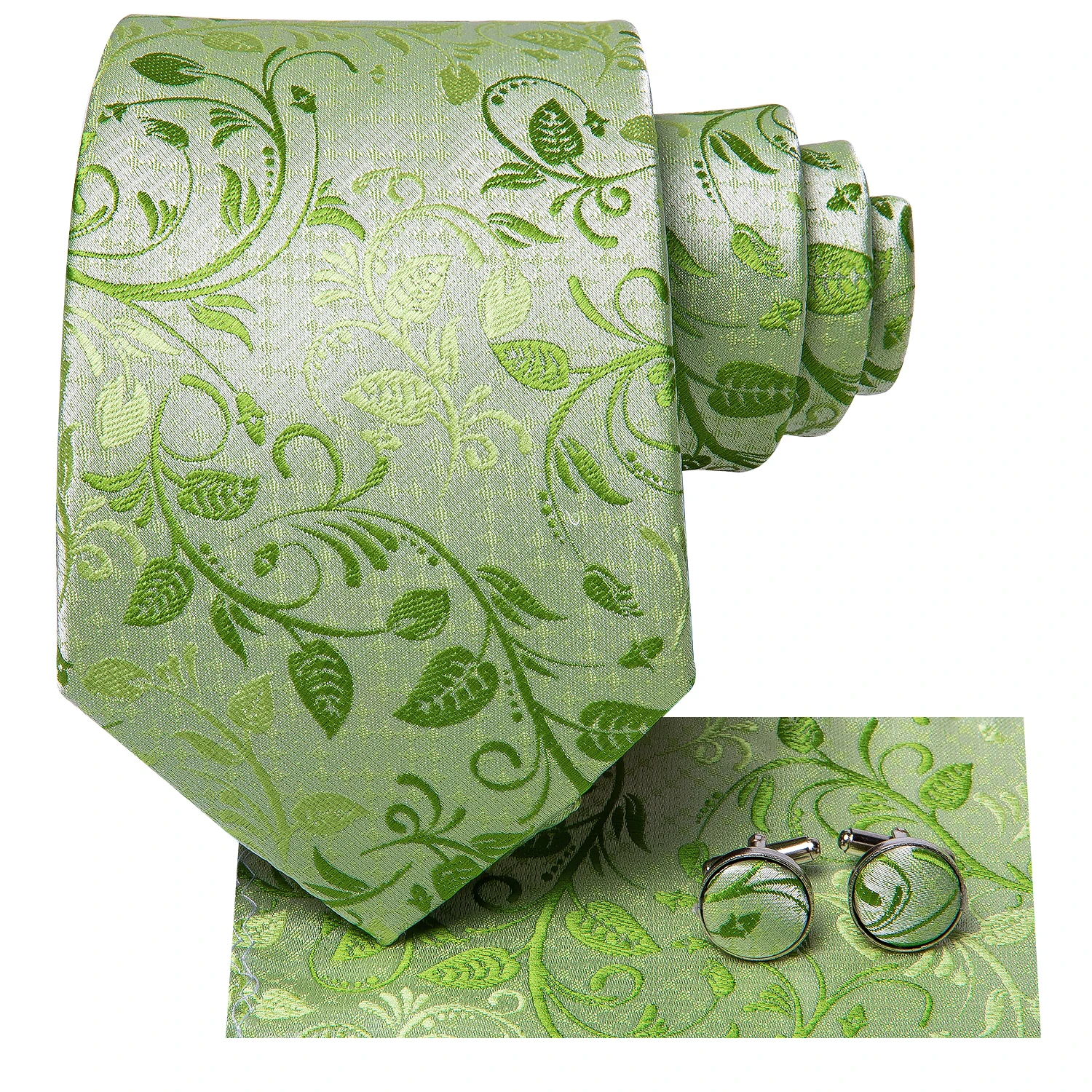 Hi-Tie Men Silk Tie Grass Green Ties Floral Necktie Boutonniere Handkerchief Cufflinks Set Wedding Cravat Groom 8.5 cm neck tie