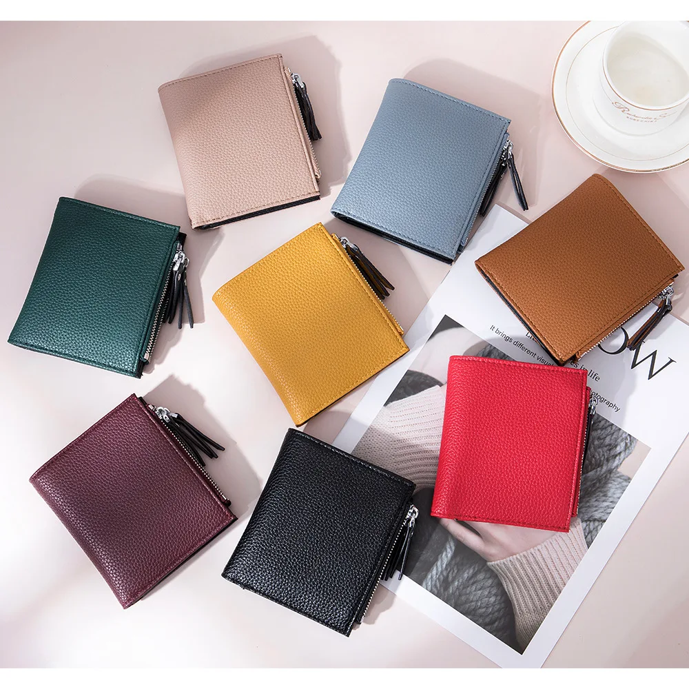Genuine Leather Short Wallet  Multifunctional and Fashionable Wallet Double Zipper Pocket Change Card Bag