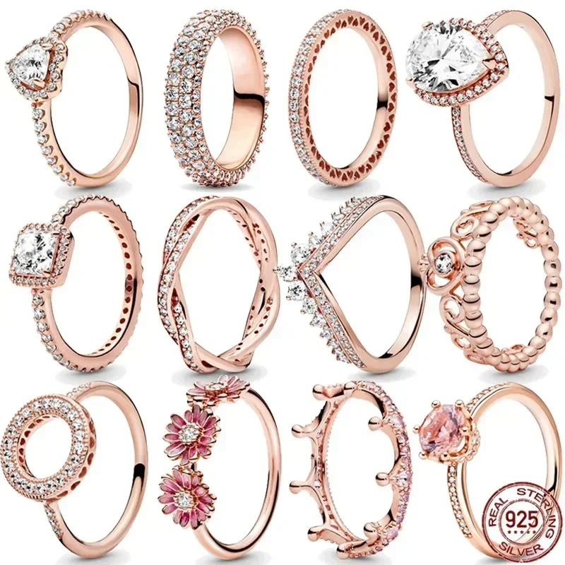 925 Sterling Silver Rose Gold Shiny Crown Round Heart-shaped Ring