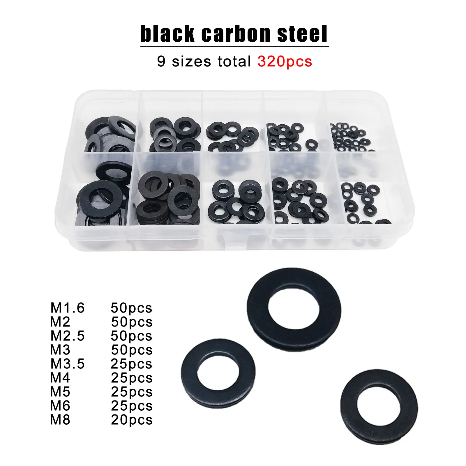 Description Picture 4 of item320pcs GB97 Plain Gasket Ring Flat Washer Mix Size Assortment Kit Box M1.6M2M2.5M3M3.5M4M5M6M8 304 Stainless Steel Black Steel