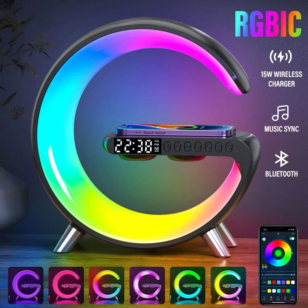 

LED Night Light RGB Atmosphere Desk Lamp Multifunctional Wireless Charger Alarm Clock Speaker APP Control for iPhone Samsung