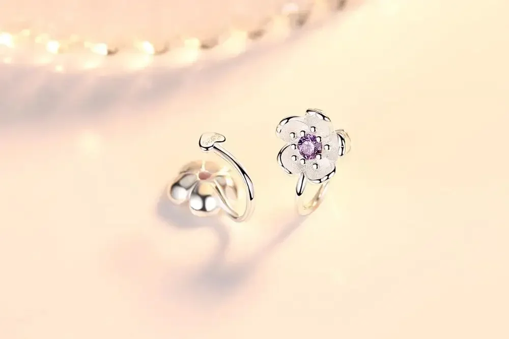 Crystal Cherry Blossom Clip-On Earrings - 925 Silver No-Piercing Floral Jewelry for Girls