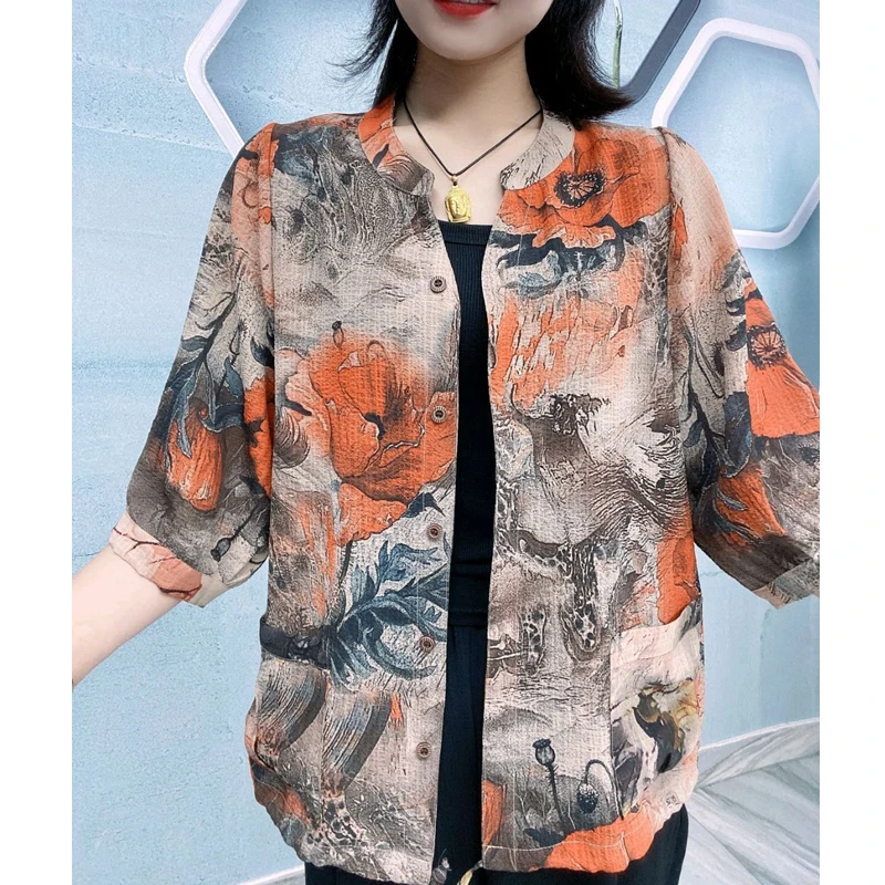 Women Geometric Floral Print Retro Cotton Linen Button Shirts Summer Fashion Loose Half Sleeve Blouse Casual Ladies Tops Blusas