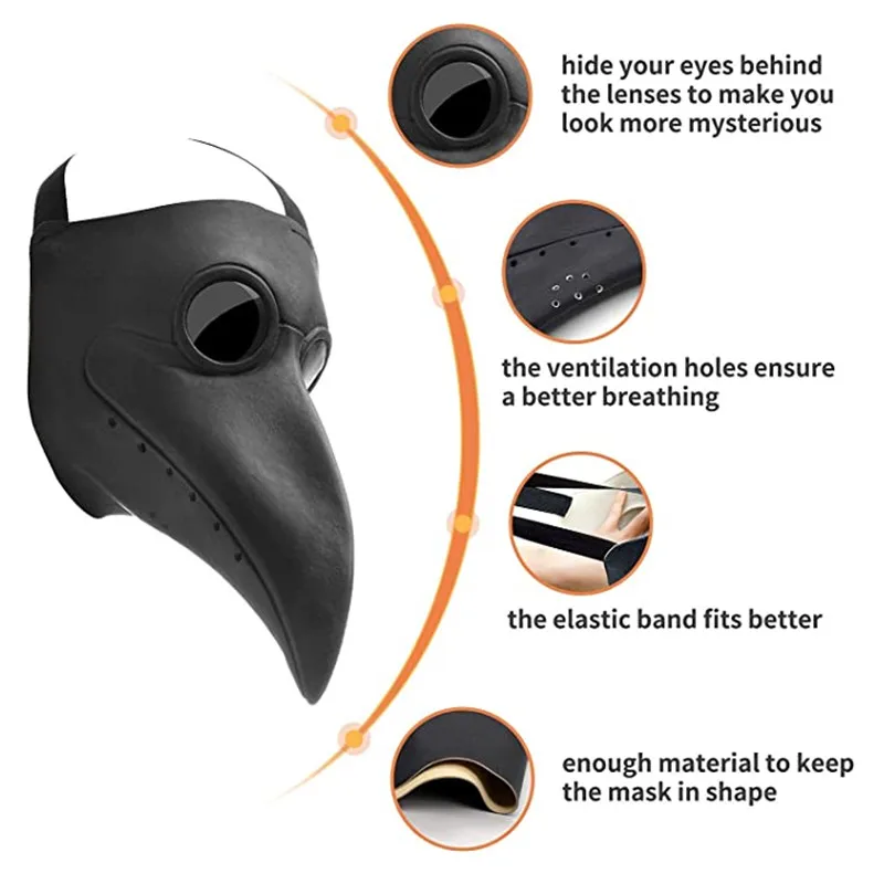 Black Rubber Plague Doctor Mask - Long Nose Steampunk Latex Halloween Cosplay Prop (5-Pack)