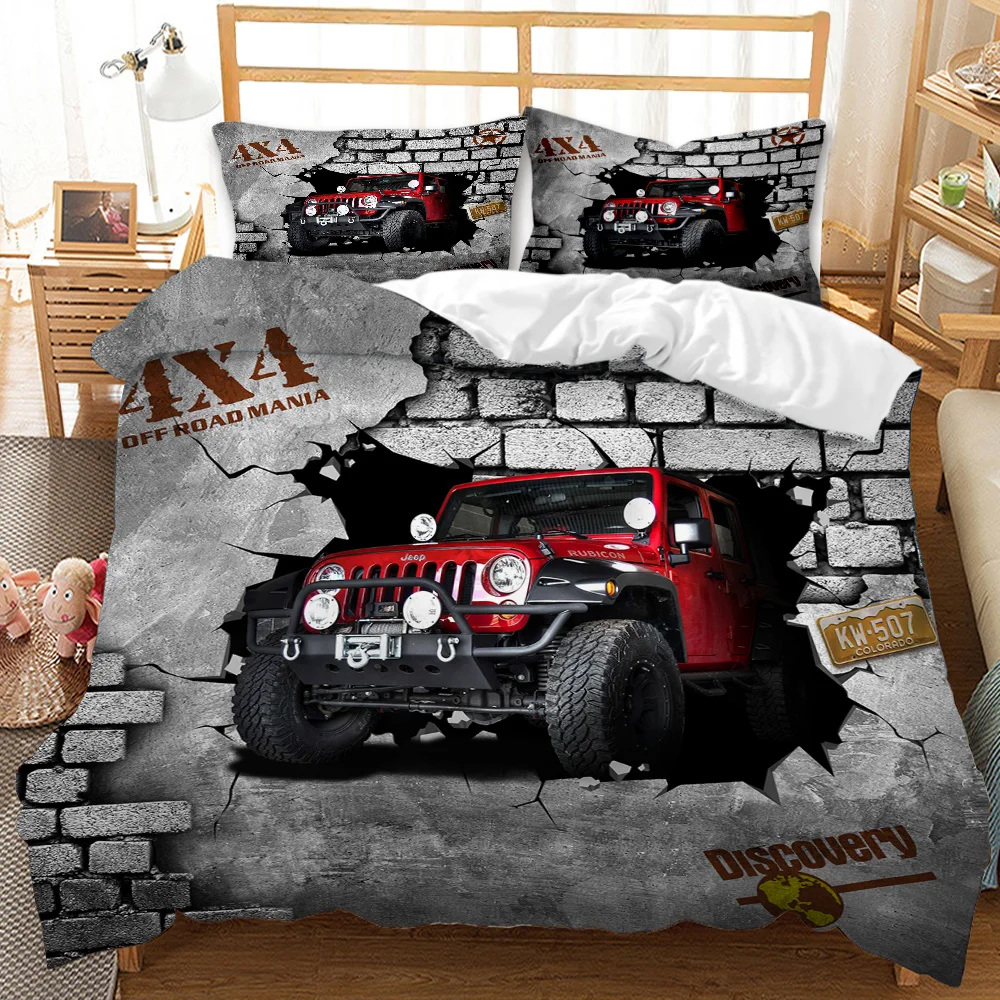 

Retro Vintage Car Printed Bedding Set Grey Red Jeep Duvet Cover Set Bed Set Twin Queen Size Kids Bedroom Decor Home Textile