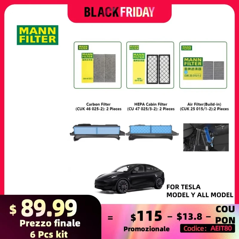 Für Tesla Model Y Modell 3 EV HEPA-Kohlenstoff-Innenraumfilter-Set MANN FILTER CUK 25015/21-2 CUK46025/1-2 CU47025/3-2 Eingebauter Luftfilter