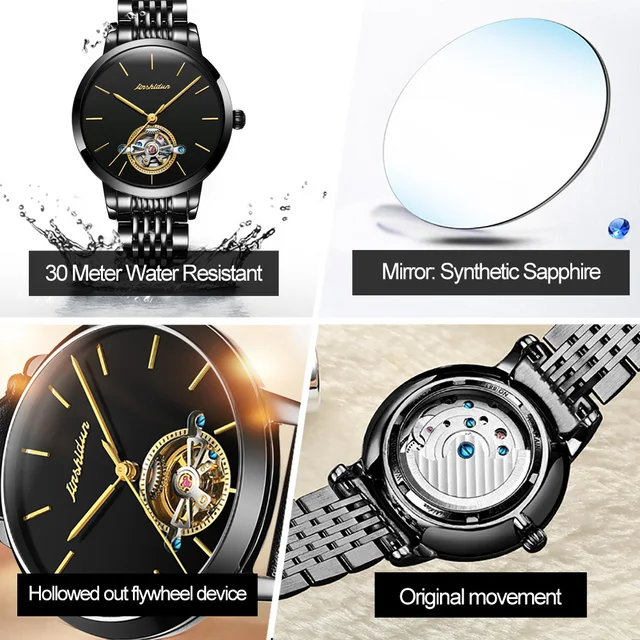 JSDUN Black Mechanical Watch for Women Luxury Sapphire Crystal Mirror Scratch Resistant Waterproof Ladies Dress Wristwatch 8812 4
