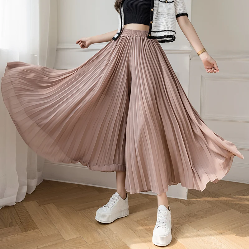 Women Fashion Pleated Pants Midi Long Skirt Female Korean Elegant Casual High Waist Skirts Jupe Faldas Spring Calf Length Skirts