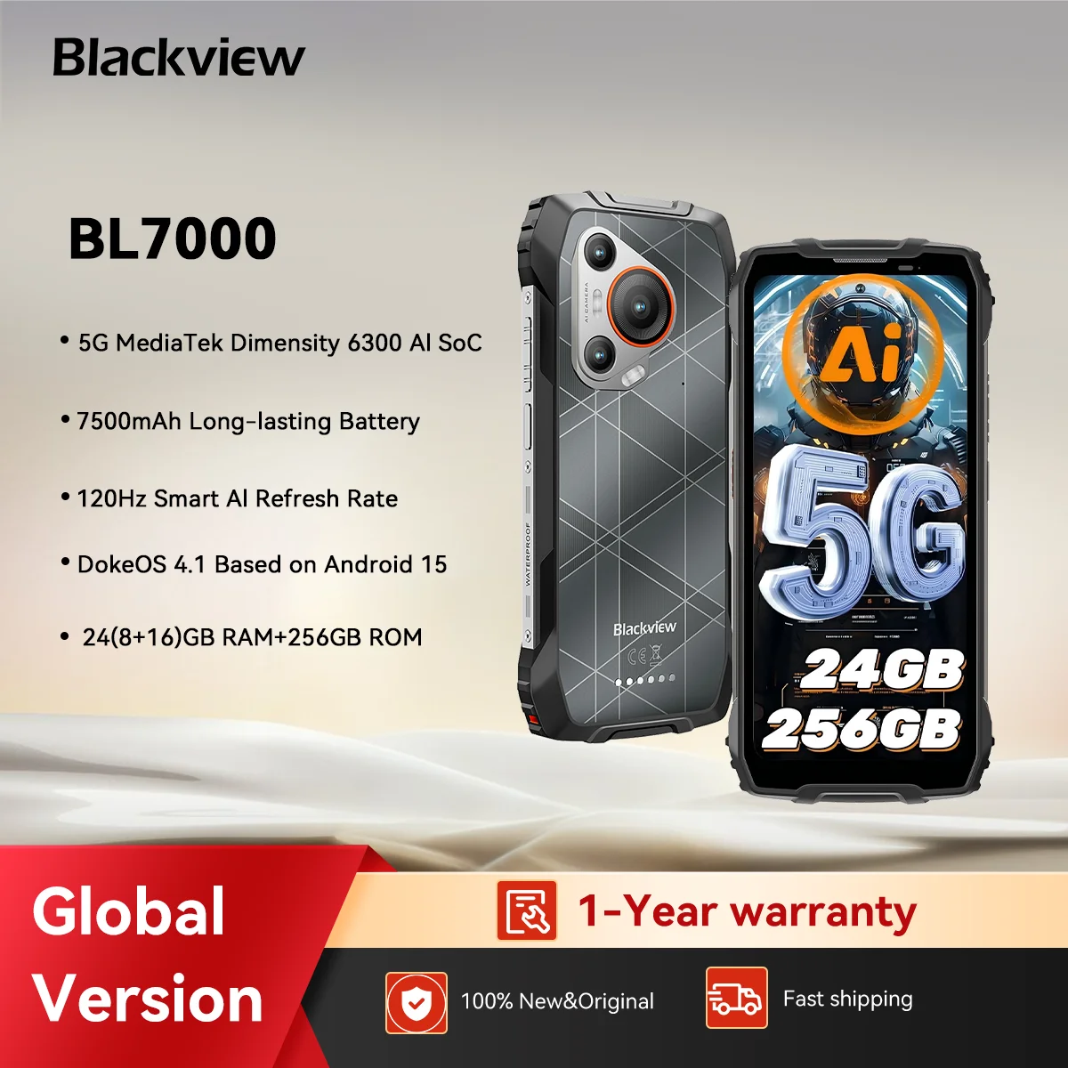 BLACKVIEW BL7000 5G AI Rugged Phone Deepseek GPT Android 15 Smartphone, 6.78" HD+2.4K Display 120Hz, 8GB RAM 256GB, 7500Amh
