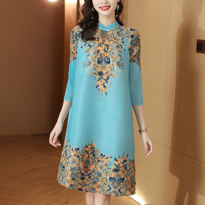 Miyake Retro Printed Pleated Dress Women's Spring Clothing New Middle-aged Mother Loose Large Size Fashion Age Reduction