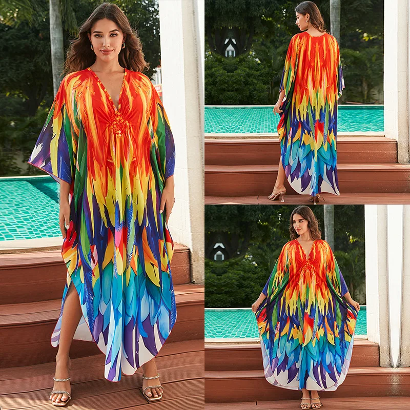 Caftán Grande Para Playa O Piscina - Vestido Suelto De Poliéster, Estampado Universo, Talla única