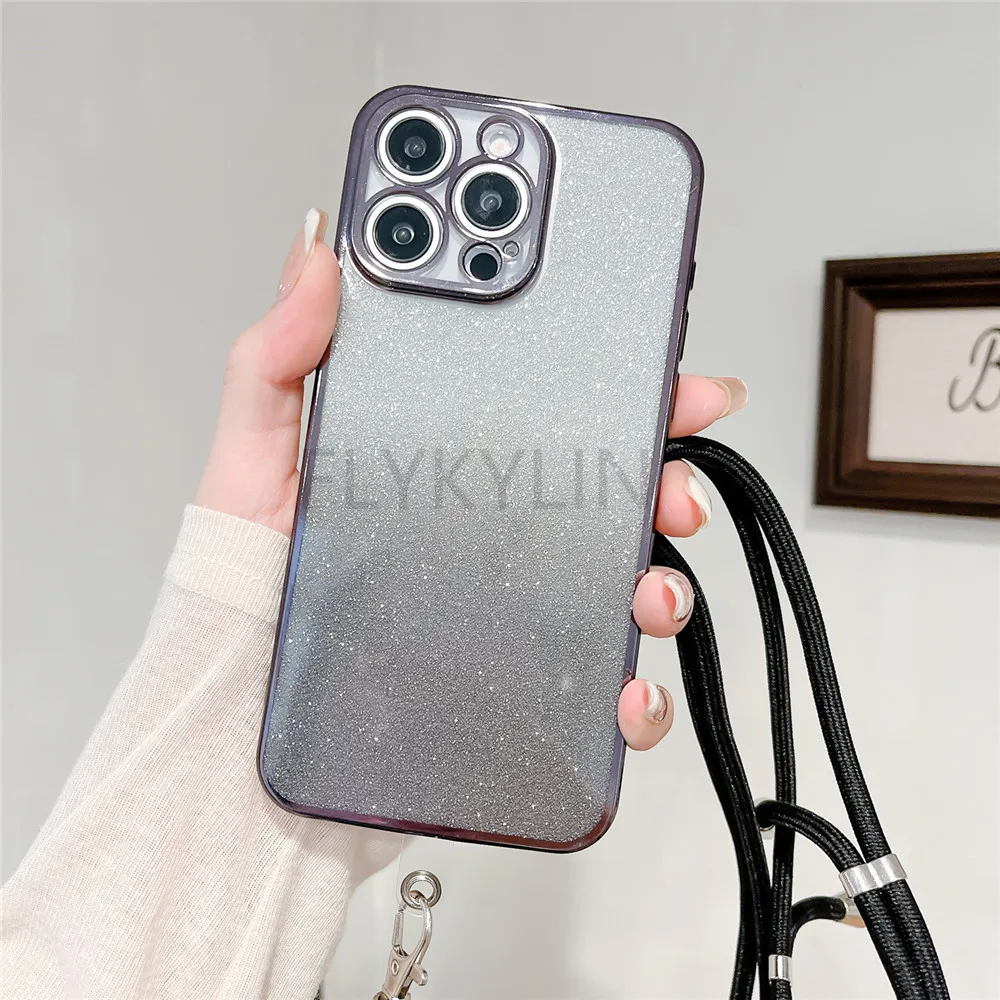 Gradient Glitter Necklace Strap Lanyard Phone Case - Soft Silicone Cover