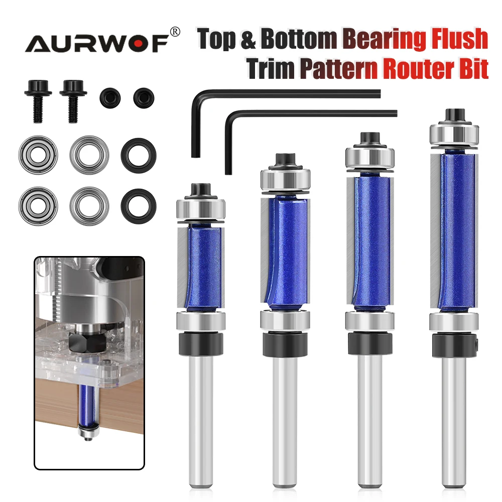 AURWOF 1/4' Schaft, professionelle Qualität, Ober- und Unterlager, bündiges Trim-Muster, Fräser, Holzbearbeitung, H07016A1319BL