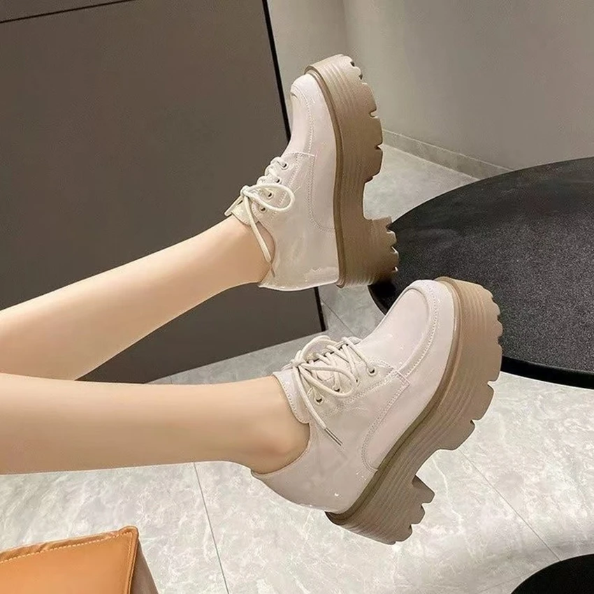 Spring Fall Women's Shoes New Line Matsuke Sole Casual Shoes Lace-up Lacquer Leather Glossy Top Lefu Shoes Single Shoe Fashion