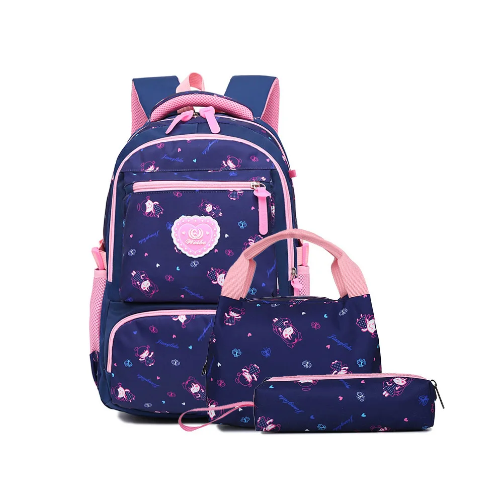 3PCs Set Backpack for Teens Girls Large Capacity Blue Pink Purple Black Schoolbag for Teenage Back to School Lunch Bag