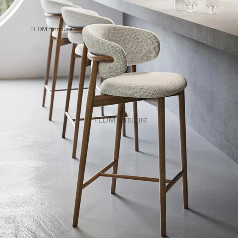 Nordic Light Luxury Solid Wood Bar Chairs Modern Home Kitchen High Bar Stools Designer Fabric Backrest Stools for Furniture